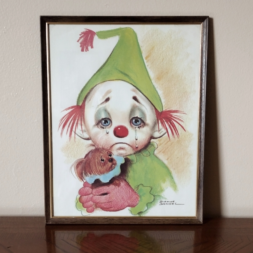 Vintage Sad Clown Holding Puppy by Dianne Dengel 11 x 14 Framed Artwork
